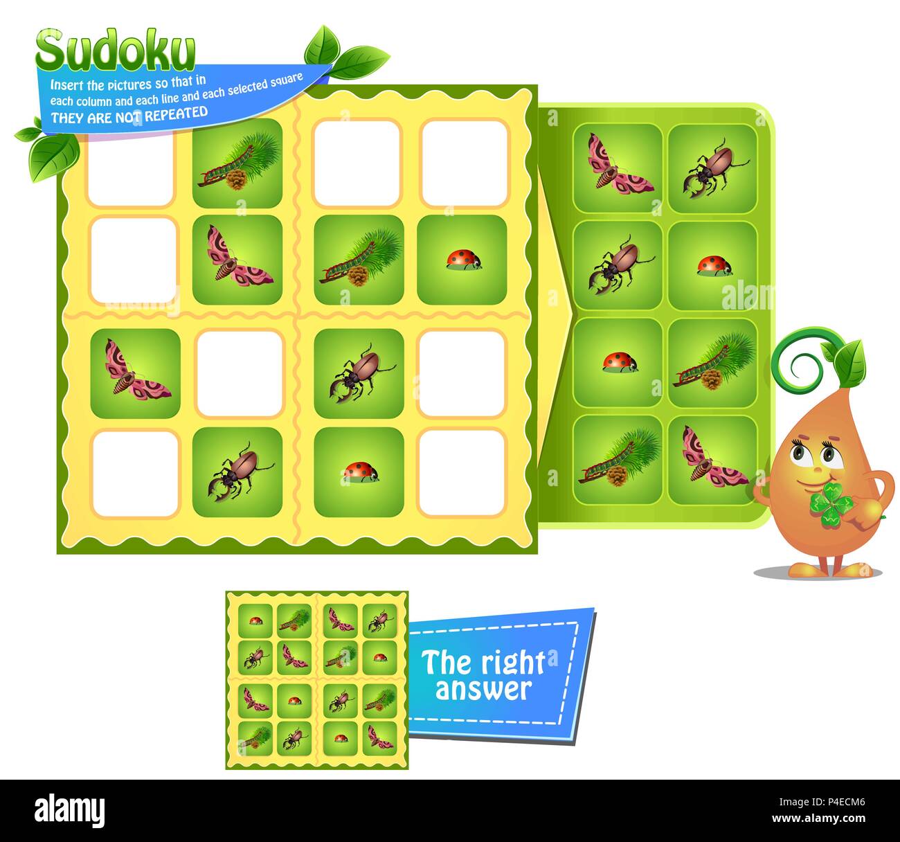 Sudoku game for children with pictures insects. Kids activity sheet. Training logic, educational game Stock Vector