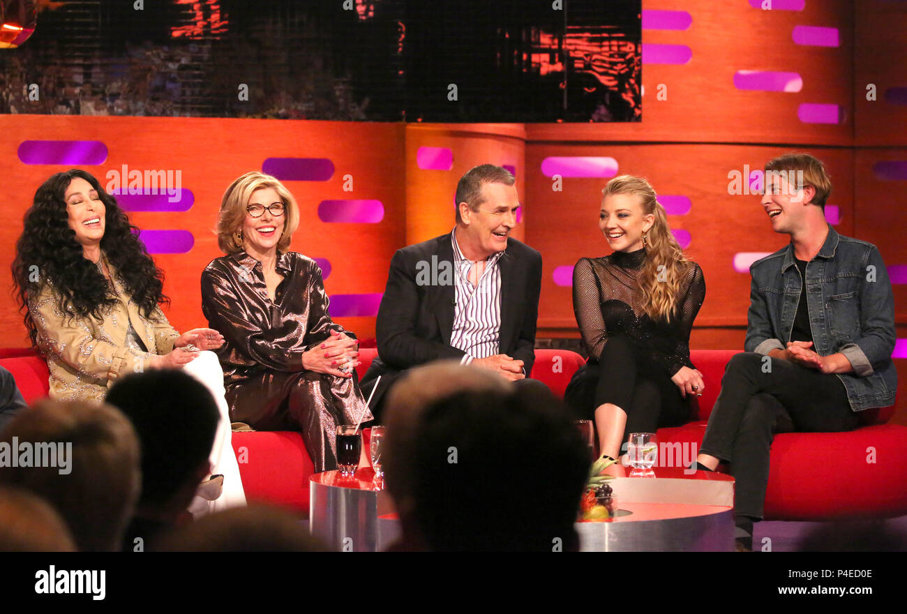 (left to right) Cher, Christine Baranski, Rupert Everett and Natalie Dormer and Tom Odell during the filming of the Graham Norton Show at BBC Studioworks 6 Television Centre, Wood Lane, London, to be aired on BBC One on Friday evening. Stock Photo