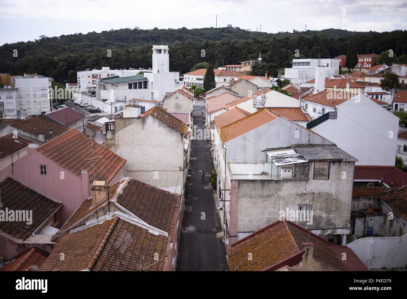 26.05.2018, Portugal, Lisbon : View over a street at  Bairro da Liberdade in Lisbon with the church Igreja São Vicente de Paulo in the background. | usage worldwide Stock Photo