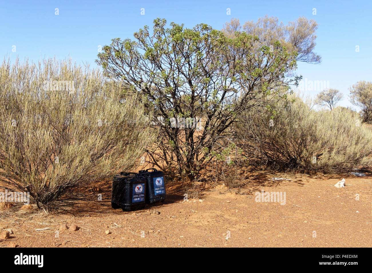 Plastic motor oil containers left in Australian outback, Goldfields, Western Australia | usage worldwide Stock Photo