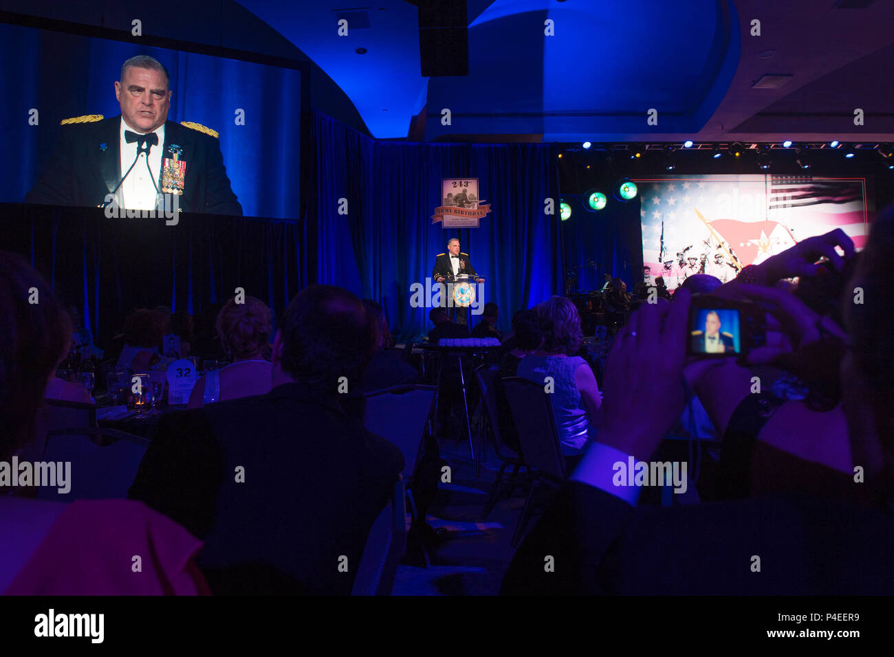 Chief of Staff of the U.S. Army Gen. Mark A. Milley gives his remarks during the 243rd Army Birthday Ball at the Washington Hilton Hotel in Washington, D.C., June 16, 2018. (U.S. Army photo by Zane Ecklund) Stock Photo