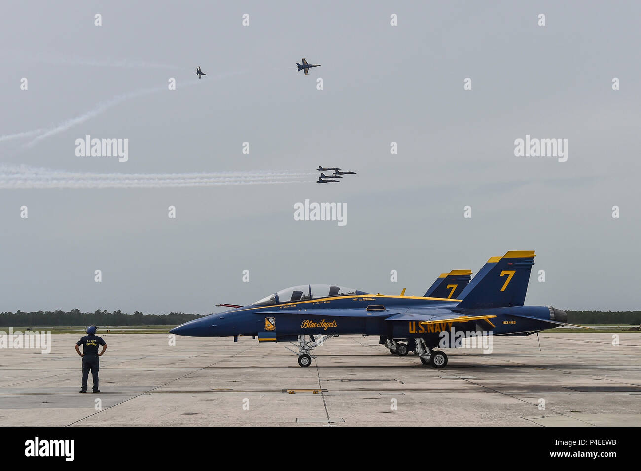 180618-N-UK306-1030 Pensacola, Florida (June 18, 2018)— The U.S. Navy flight demonstration squadron, the Blue Angels, perform the Pitch Up Break upon returning home to Pensacola. The Blue Angels are scheduled to perform more than 60 demonstrations at more than 30 locations across the U.S. and Canada in 2018. The Blue Angels are scheduled to perform more than 60 demonstrations at more than 30 locations across the U.S. and Canada in 2018. (U.S. Navy photo by Mass Communication Specialist 2nd Class Timothy Schumaker/Released) Stock Photo