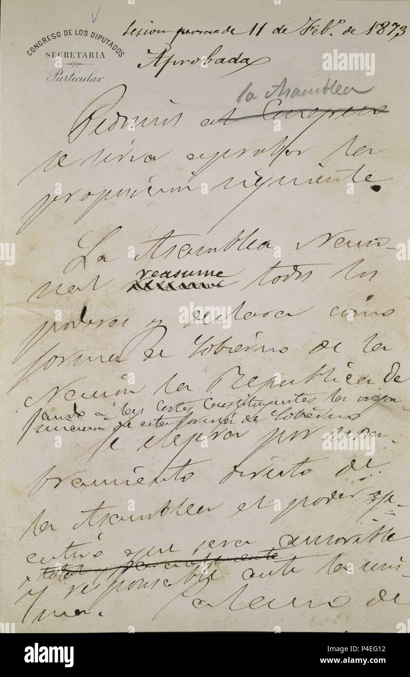 BORRADOR DE PROCLAMACION DE LA PRIMERA REPUBLICA ESPAÑOLA 11 FEBRERO 1873 - PRIMERA PAGINA. Location: CONGRESO DE LOS DIPUTADOS-BIBLIOTECA, MADRID, SPAIN. Stock Photo