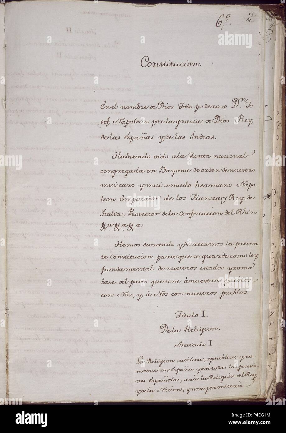 CONSTITUCION DE BAYONA 6 DE JULIO DE 1808 - PAGINA 2. Location: CONGRESO DE LOS DIPUTADOS-BIBLIOTECA, MADRID, SPAIN. Stock Photo