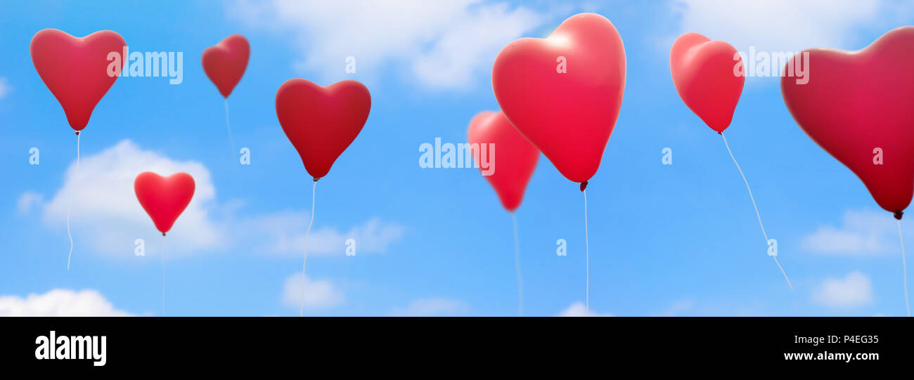 red heart shape balloons on blue sky panorama Stock Photo - Alamy