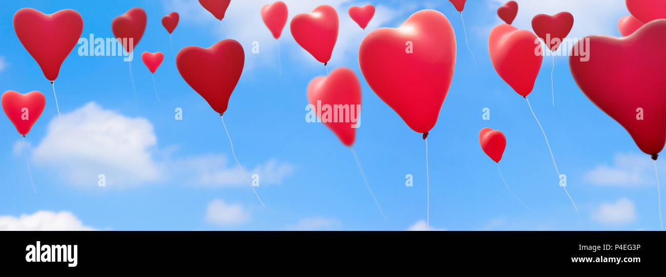 red heart shape balloons in the air panorama Stock Photo - Alamy