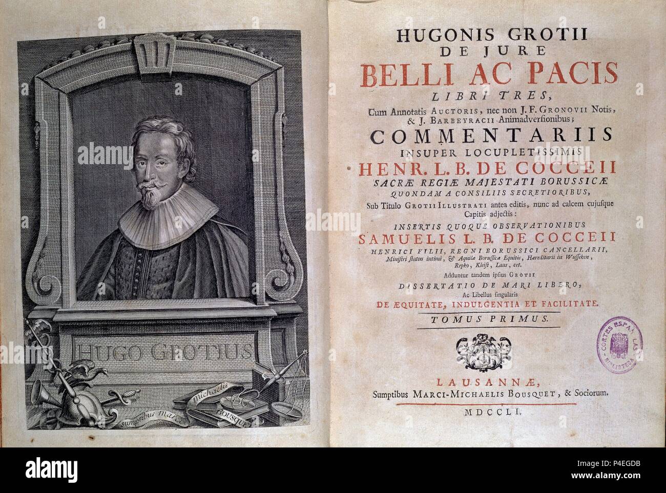 DE JURE BELLI AC PACIS - IMPRESOR MARCU MICHAELIS BOUSQUET - LAUSANNE -  1751. Author: GROTIUS, HUGO. Location: CONGRESO DE LOS  DIPUTADOS-BIBLIOTECA, MADRID, SPAIN Stock Photo - Alamy