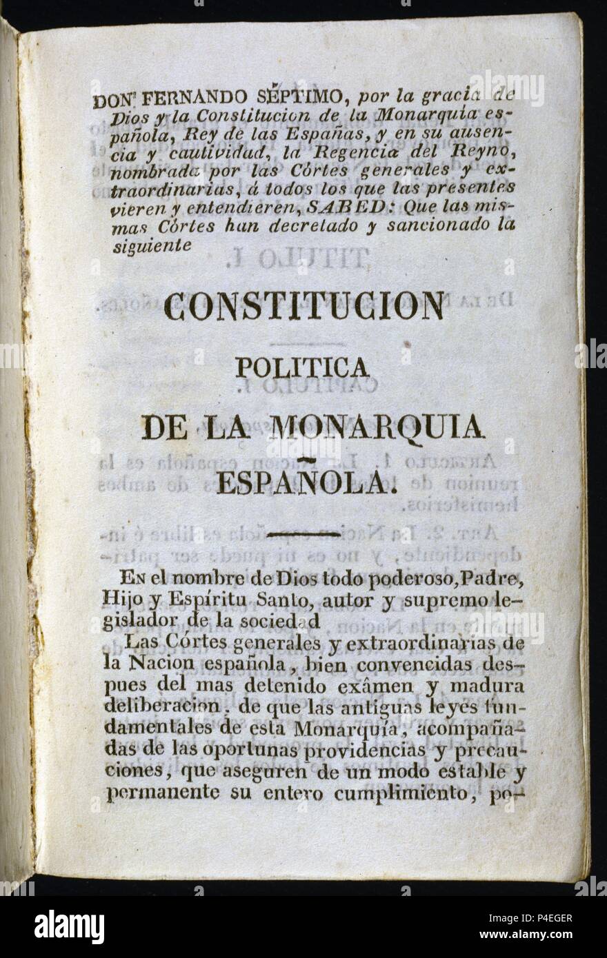 CONSTITUCION POLITICA DE LA MONARQUIA ESPAÑOLA 1812-PORTADA. Location: CONGRESO DE LOS DIPUTADOS-BIBLIOTECA, MADRID, SPAIN. Stock Photo