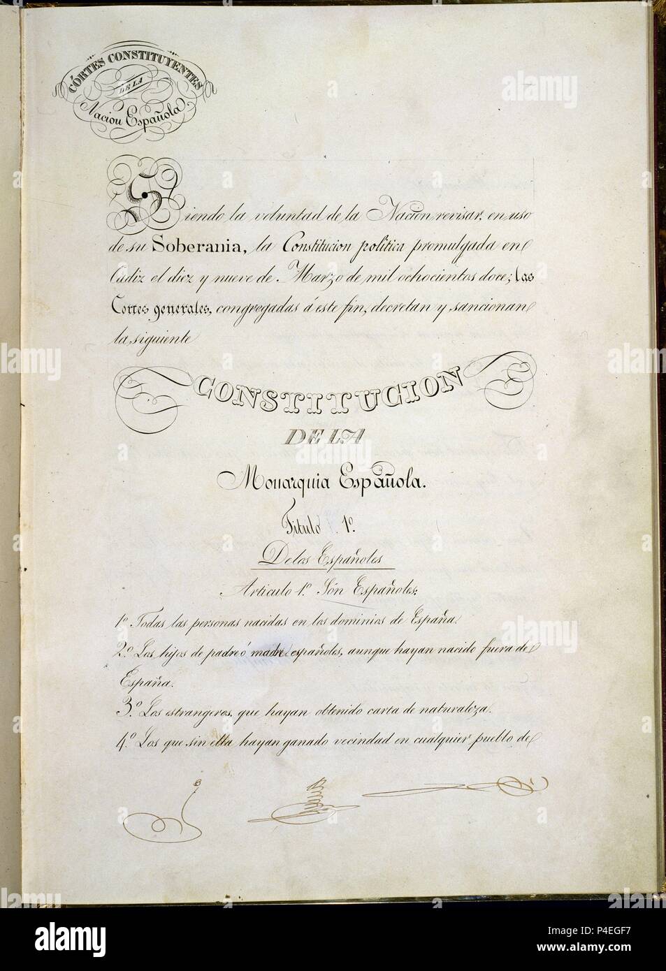 CONSTITUCION 1837-CORTES GENERALES DECRETAN Y SANCIONAN NUEVA CONSTITUCION-PORTADA-. Location: CONGRESO DE LOS DIPUTADOS-BIBLIOTECA, MADRID, SPAIN. Stock Photo