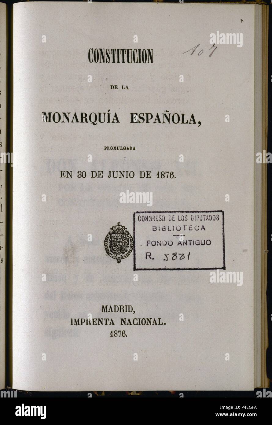 CONSTITUCION ESPAÑOLA DE 1876-PORTADA-IMPRESA EL 30/6/1876. Location: CONGRESO DE LOS DIPUTADOS-BIBLIOTECA, MADRID, SPAIN. Stock Photo