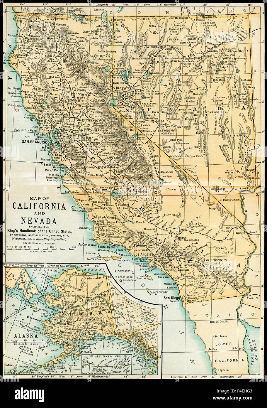 Map of Alaska, California, and Nevada from an 1891 Guidebook. It was a two page map. Map is from a guidebook to the Untied States by Moses King: 'King's Hand-book of the United States.' Date of Publishing: 1891. Moses King (1853 1909) was an American editor and publisher of travel books. Stock Photo