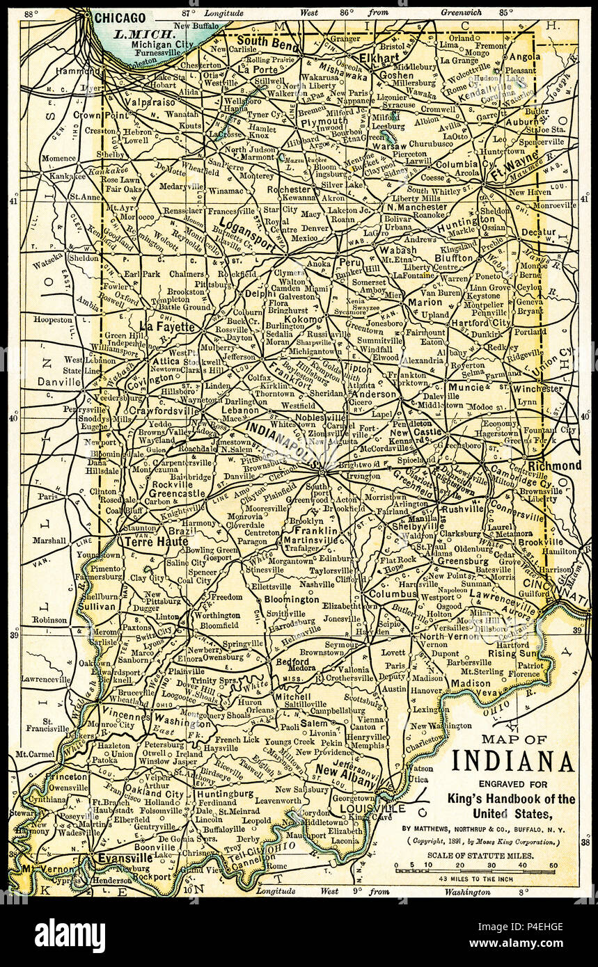 Indiana Antique Map 1891: Map of Indiana from an 1891 guidebook: 'King's Hand-Book of the United States.' Date of Publishing: 1891. Moses King (1853 1909) was an American editor and publisher of travel books. Stock Photo