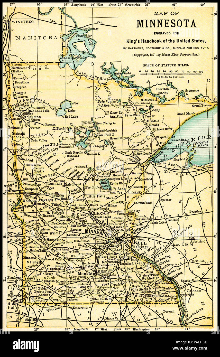 Minnesota Antique Map 1891: Map of Minnesota from an 1891 guidebook: 'King's Hand-Book of the United States.' Date of Publishing: 1891. Moses King (1853 1909) was an American editor and publisher of travel books. Stock Photo
