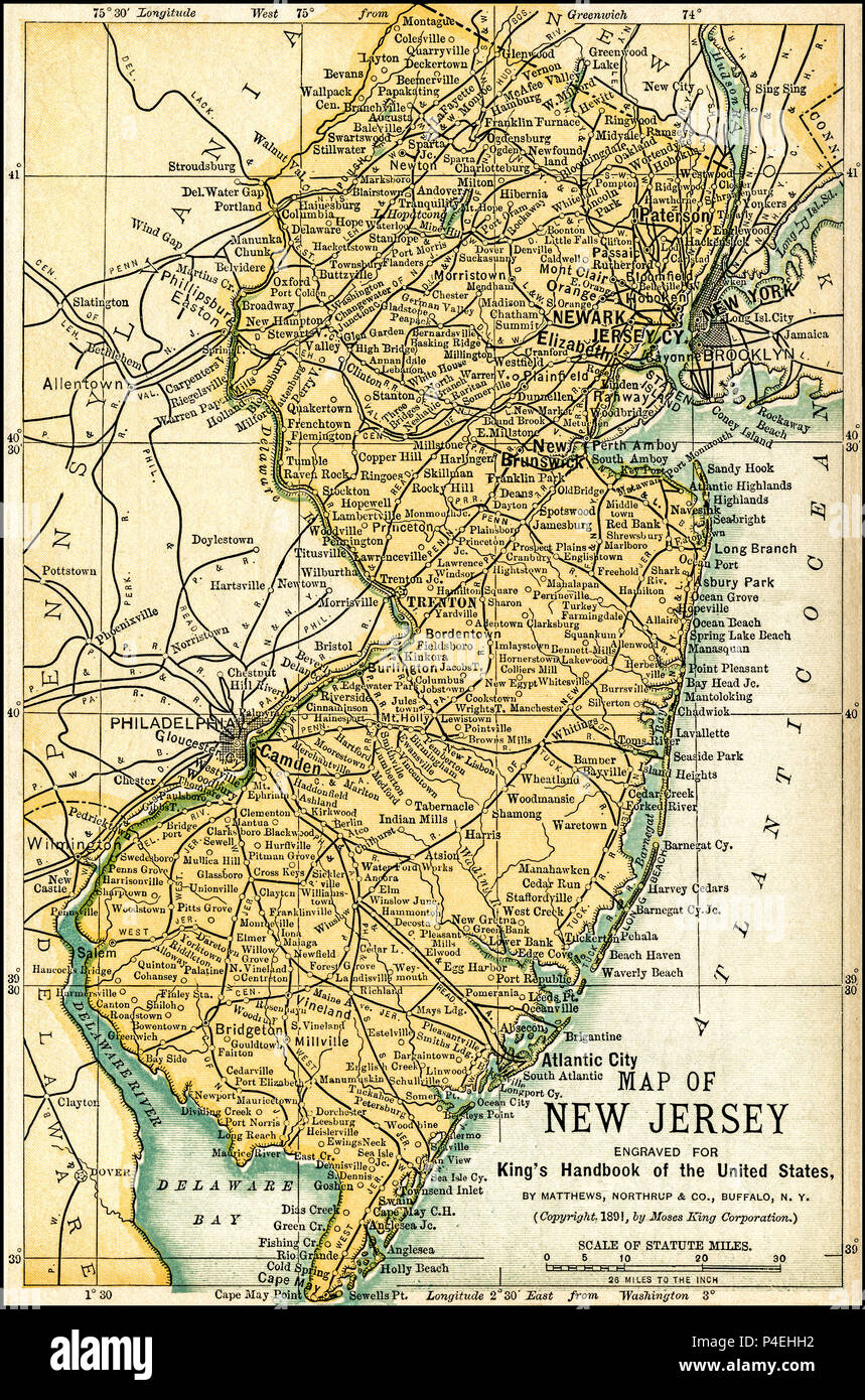 Map of New Jersey from an 1891 guidebook: 'King's Hand-Book of the United States.' Date of Publishing: 1891. Moses King (1853 1909) was an American editor and publisher of travel books. Stock Photo