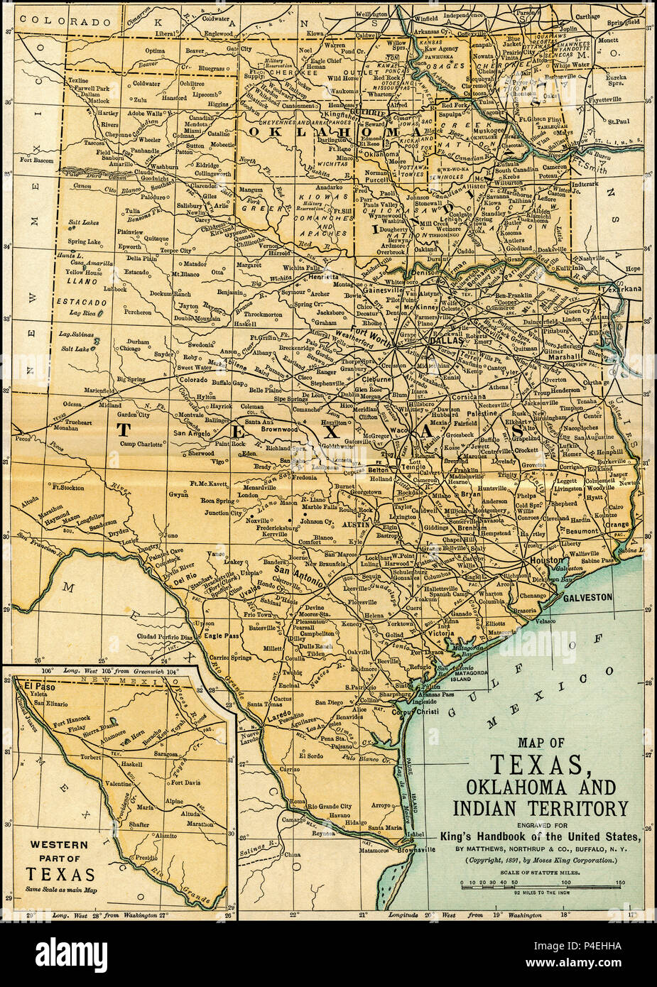 Texas Oklahoma Indian Territory Antique Map 1891: Map of Oklahoma and Texas from an 1891 guidebook: 'King's Hand-Book of the United States.' Date of Publishing: 1891. Moses King (1853 1909) was an American editor and publisher of travel books. Original spanned two pages., and these were combined into a single map for this reproduction. Stock Photo