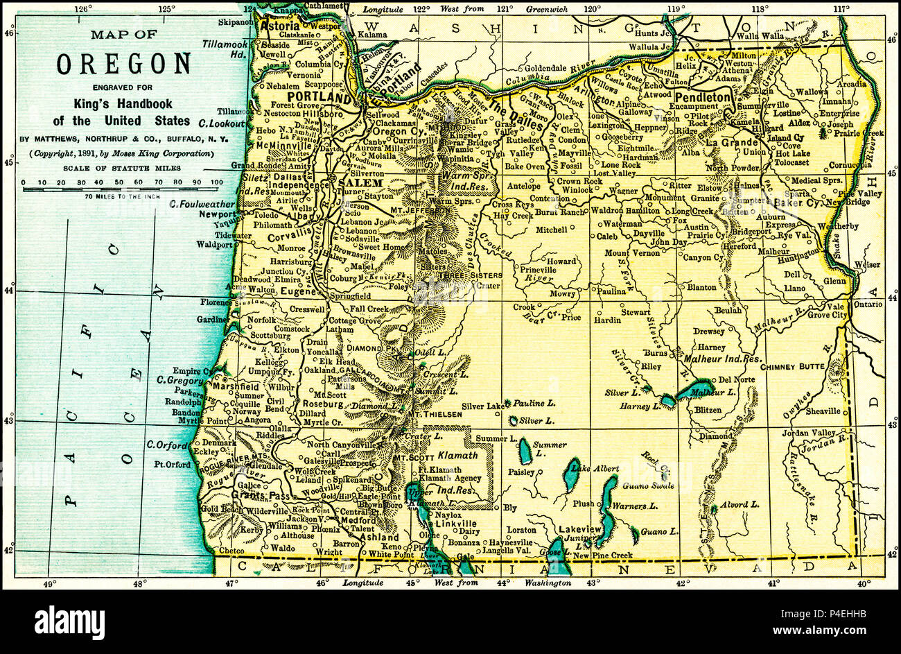 Oregon Antique Map 1891: Map from an 1891 guidebook: 'King's Hand-Book of the United States.' Date of Publishing: 1891. Moses King (1853 1909) was an American editor and publisher of travel books. Stock Photo