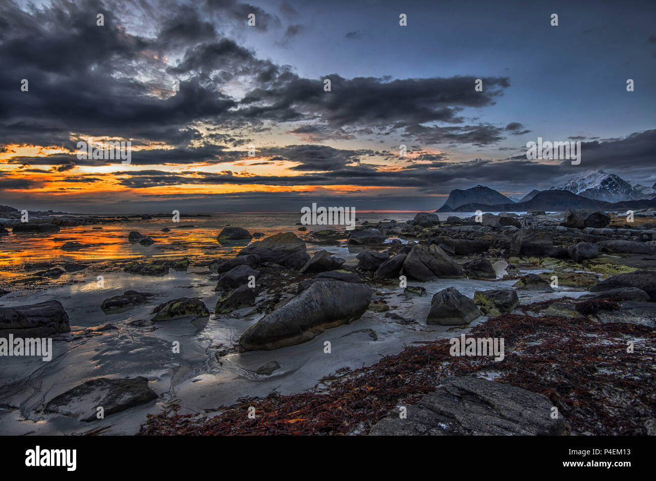 Rocky coastline, StorSandnes, Flakstad, Nordland, Lofoten, Norway Stock Photo