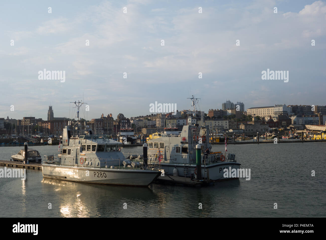 Archer Class Patrol Vessels HMS Dasher P280 and HMS Express P163 alongside in Ramsgate, at sunset. Stock Photo