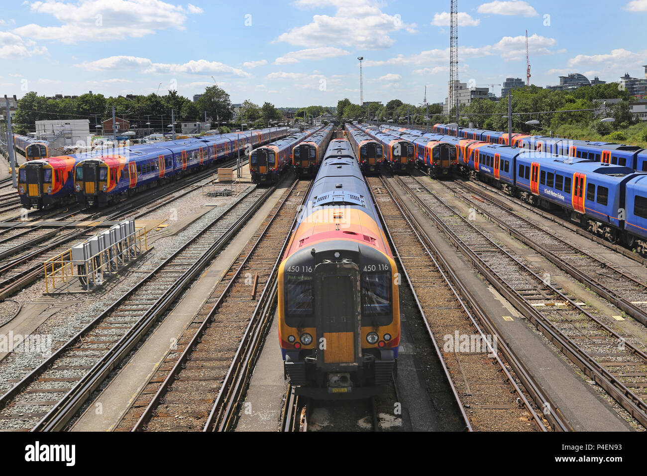 Newly rebranded South Western Railways type 450 rolling stock stored on sidings at Clapham Junction Station in south London, UK Stock Photo