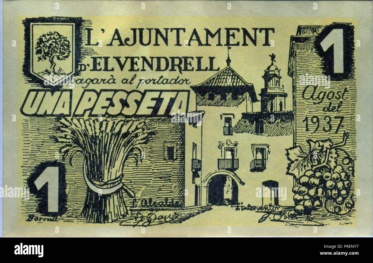 BILLETE DE UNA PESETA DEL AYUNTAMIENTO DE EL VENDRELL - AGOSTO DE 1937 - ANVERSO. Stock Photo