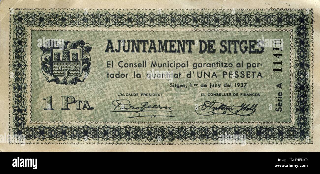 BILLETE DE UNA PESETA DEL AYUNTAMIENTO DE SITGES - JUNIO DE 1937. Stock Photo
