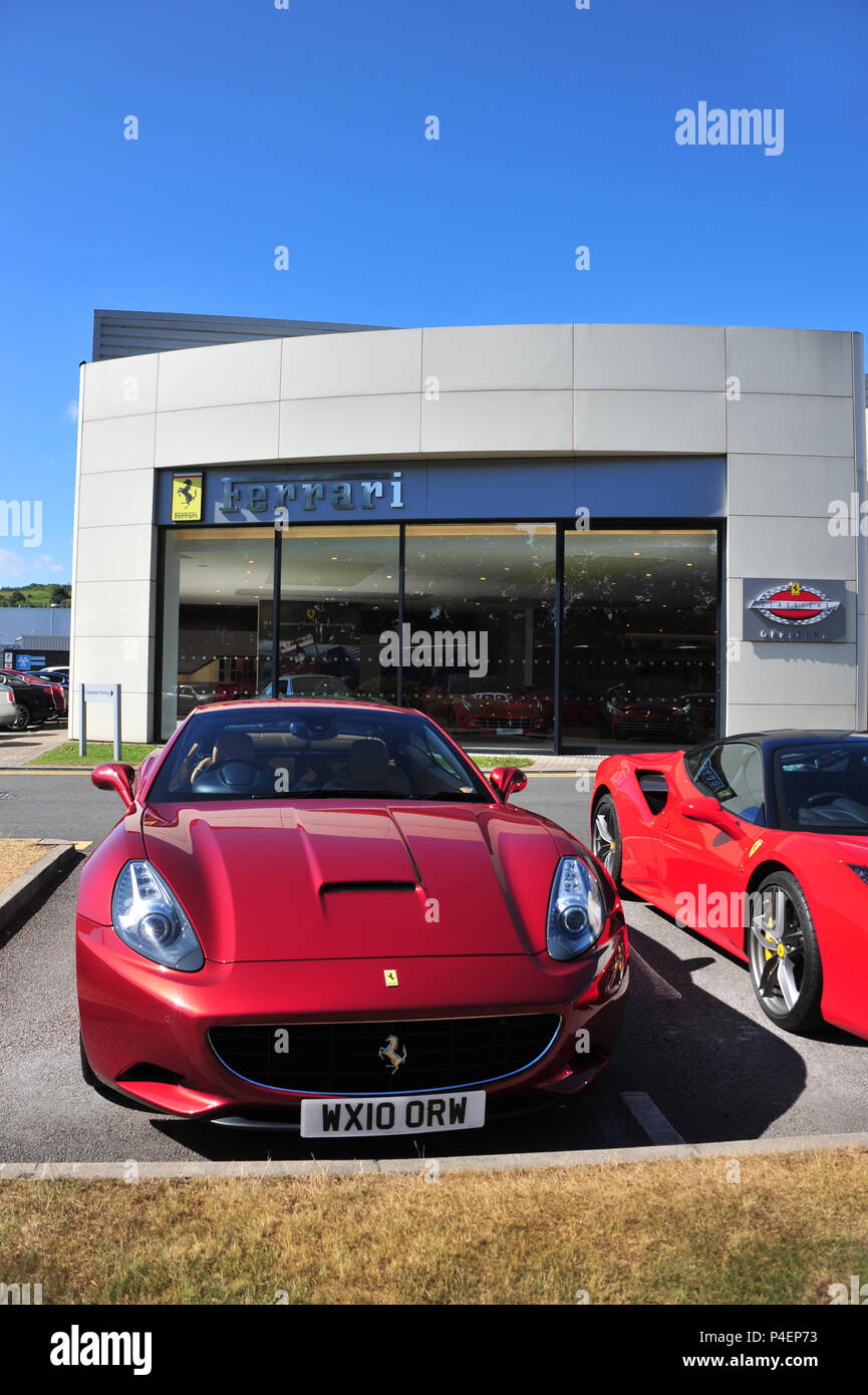 Some of the latest Ferrari cars on display at the Ferrari Dealership in Leeds, England. The