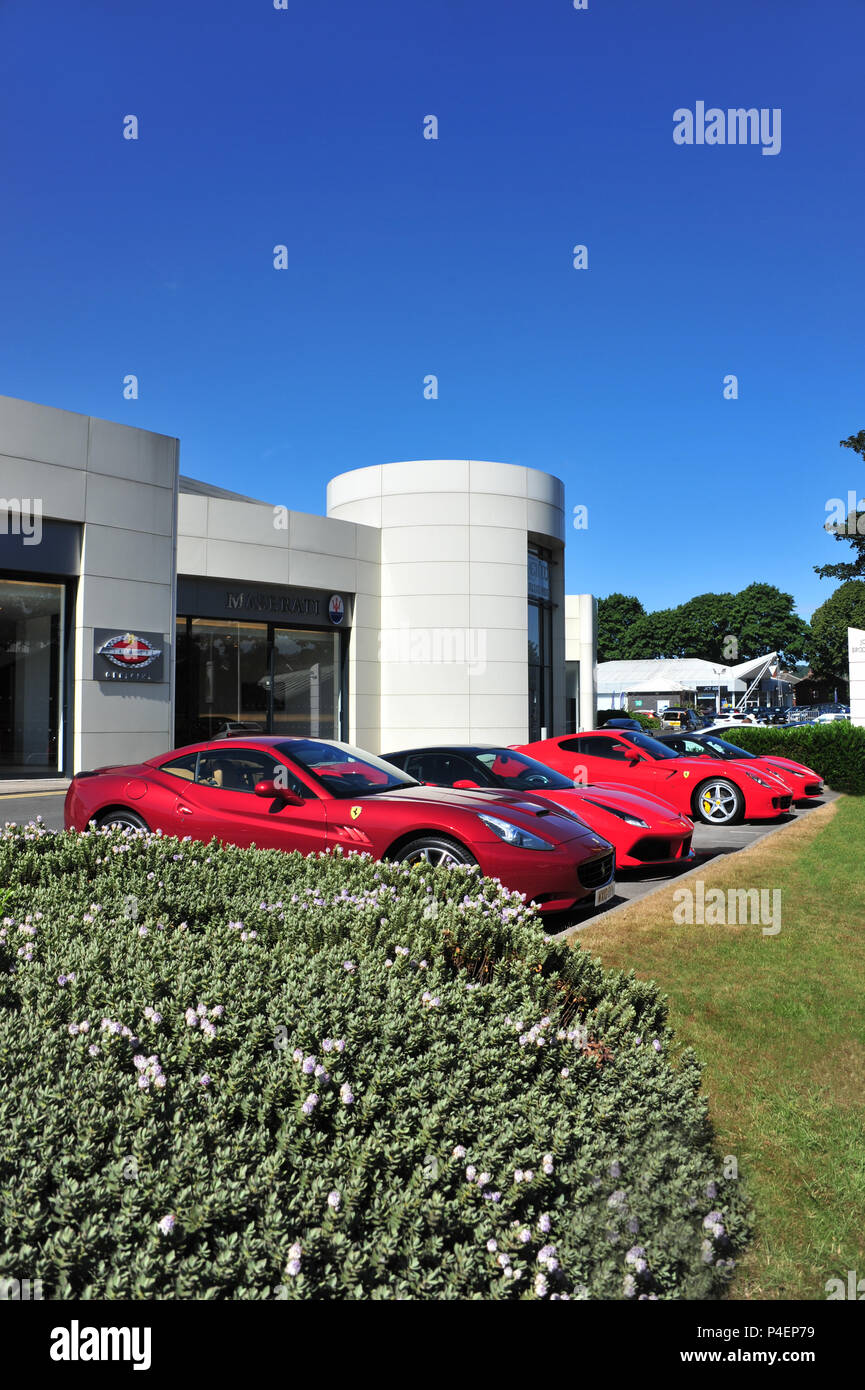 Some of the latest Ferrari cars on display at the Ferrari Dealership in Leeds, England Stock