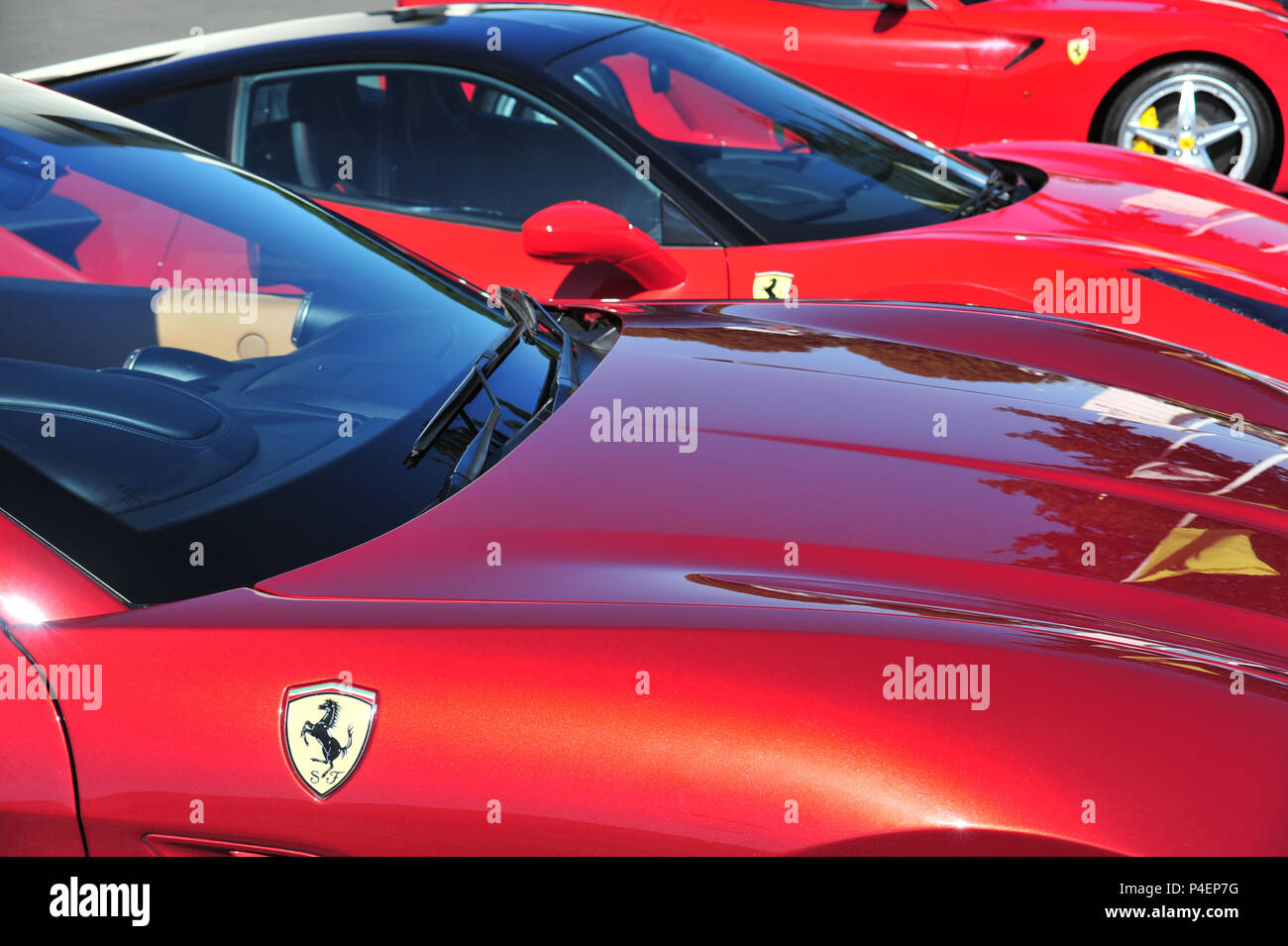Some of the latest Ferrari cars on display at the Ferrari Dealership in Leeds, England. The