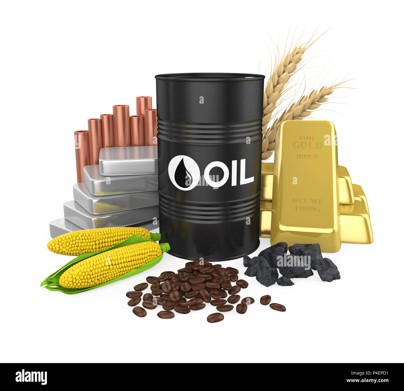 Commodities - Oil, Gold, Silver, Copper, Corn, Coal, Wheat and Coffee Beans Stock Photo