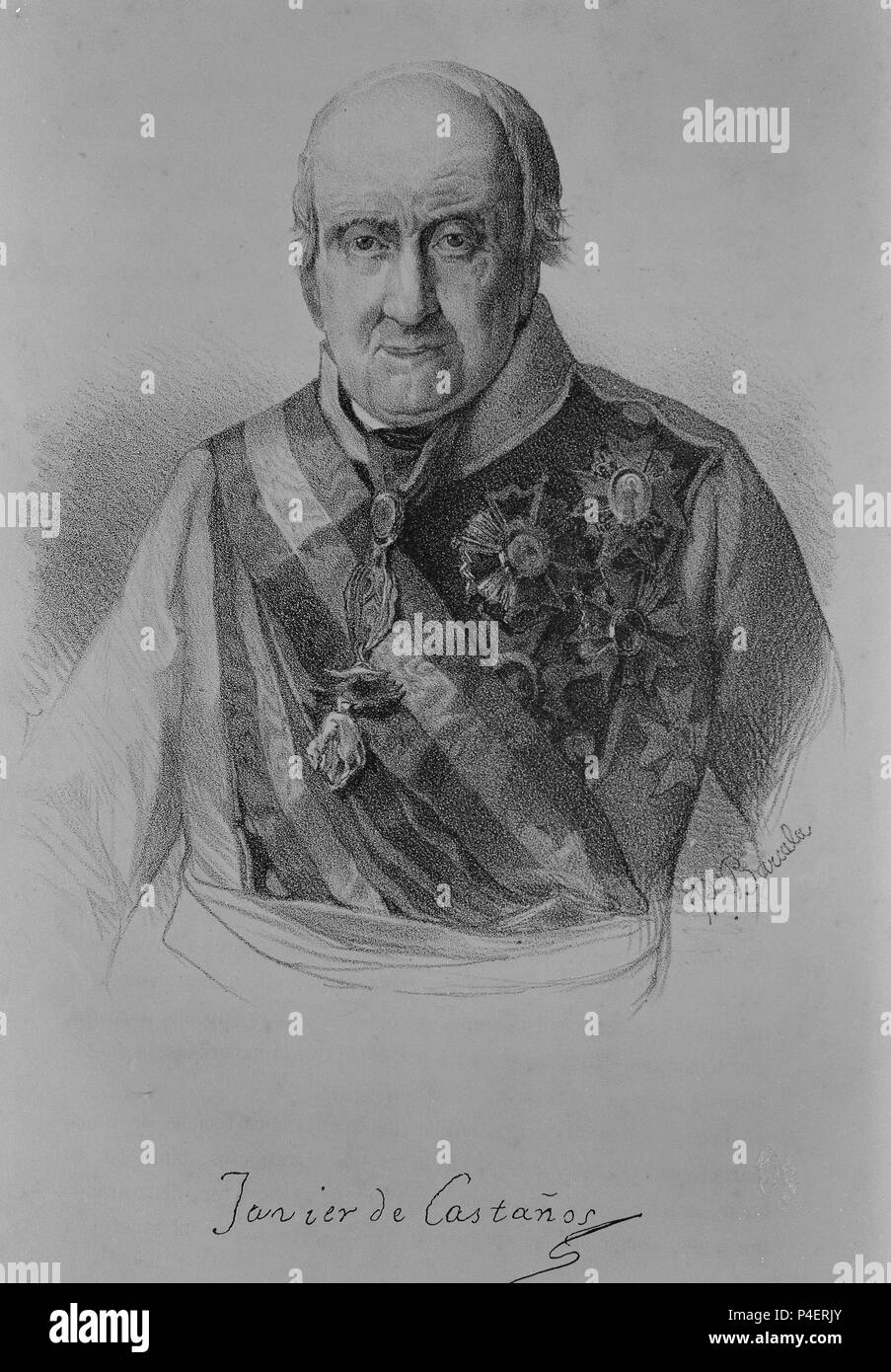 RETRATO DE JAVIER DE CASTAÑOS - GRABADO S XIX. Author: Vicente Lopez Portaña (1772-1850). Location: MUSEO ROMANTICO-GRABADO, MADRID, SPAIN. Stock Photo