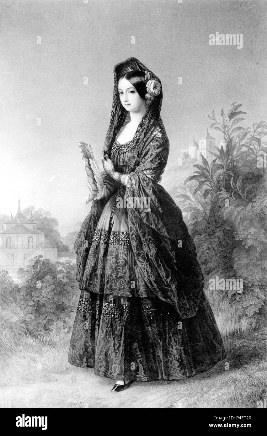MARIA LUISA FERNANDA DE BORBON (1832-1897) DUQUESA MONTPENSIER - HERMANA DE ISABEL II - LITOGRAFIA DE LEON. Author: Franz Xaver Winterhalter (1805-1873). Location: MUSEO ROMANTICO-GRABADO, MADRID, SPAIN. Stock Photo