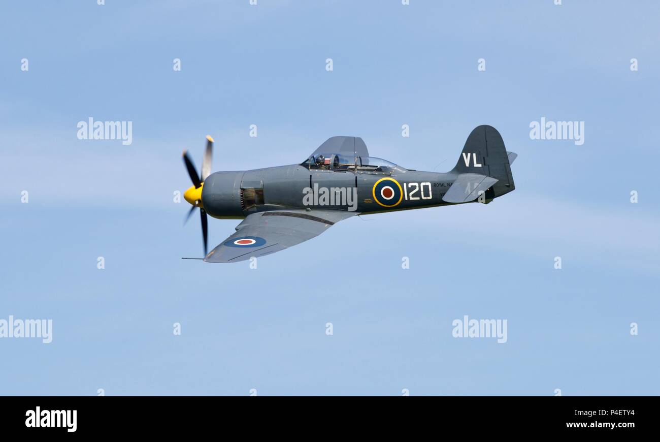 Fly Navy Heritage Trust Sea Fury T.20 G-RNHF (VX281) flying at Shuttleworth Fly Navy airshow at Old Warden on the 3rd June 2018 Stock Photo