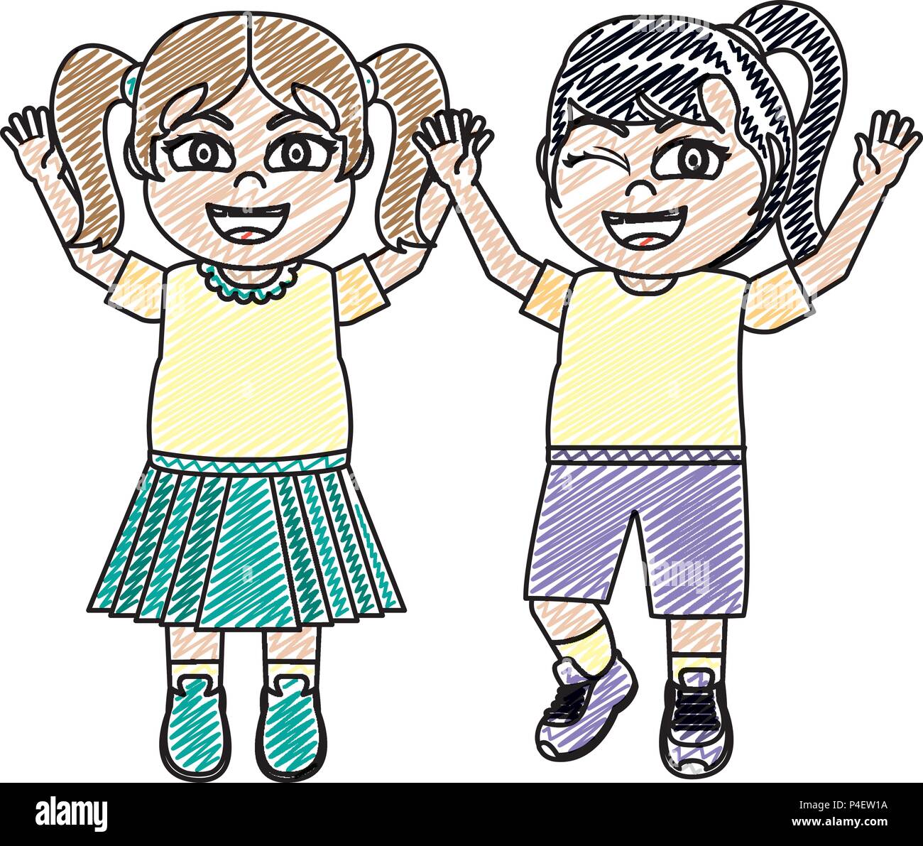 doodle happy girls friends togethers with uniform Stock Vector