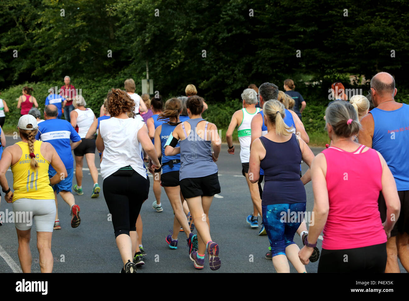 The Chichester Runners Club Mid Summer 5 Road Race which starts in Lavant and runs through Goodwood Racecourse, West Sussex, UK. Stock Photo