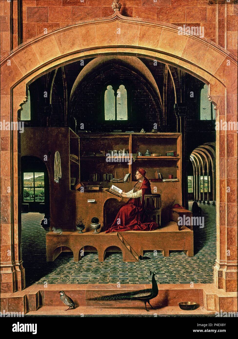 St. Jerome in his Study. c.1475. Oil on wood (46 x 36.5 cm). London, National Gallery. Author: Antonello da Messina (c. 1430-1479). Location: NATIONAL GALLERY, LONDON, ENGLAND. Stock Photo