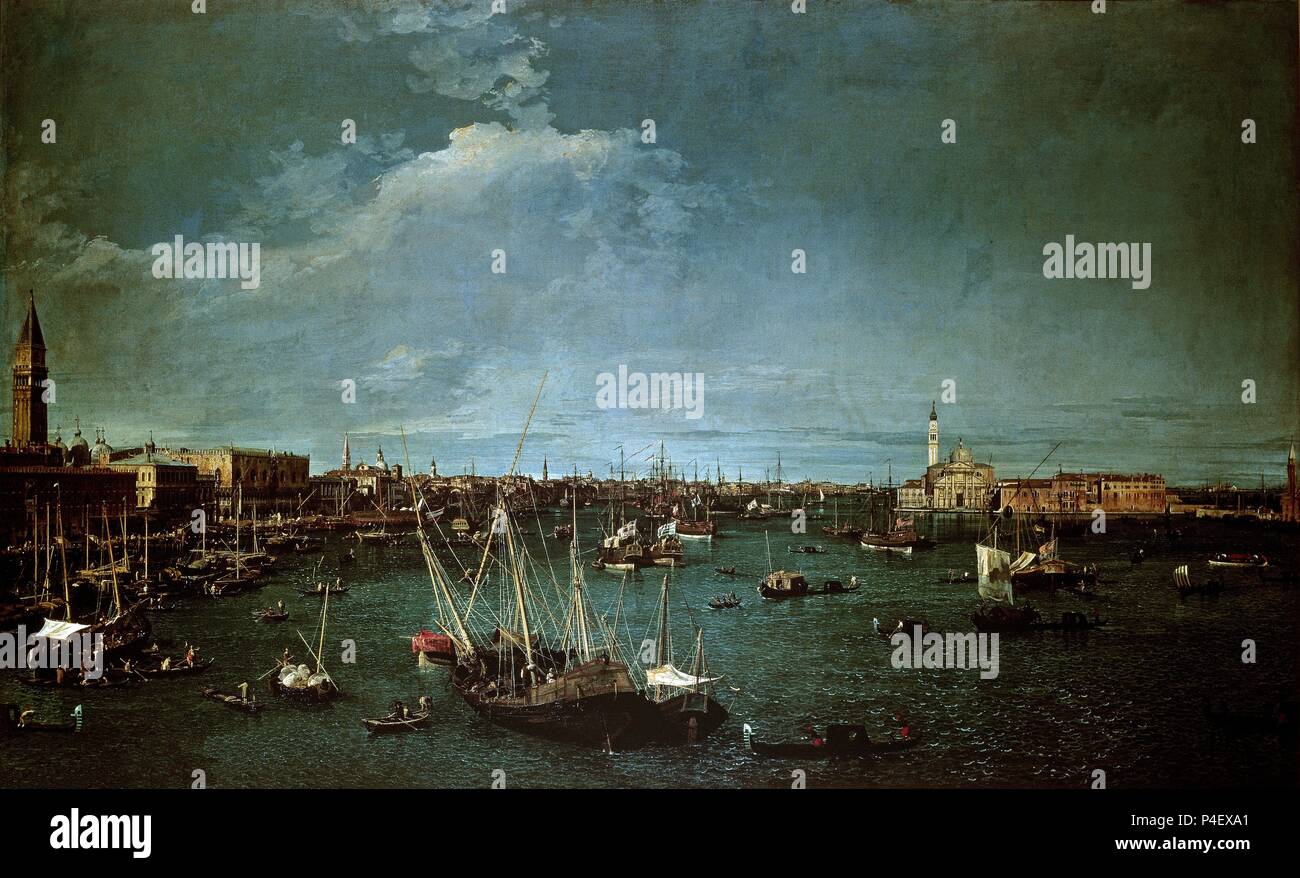 Bacino di San Marco, Venice - 18th century - 124,5x204,5 cm - oil on canvas. Author: Canaletto (1697-1768). Location: MUSEUM OF FINE ARTS, BOSTON-MASSACHUSETTS. Also known as: LA DARSENA DE SAN MARCOS VISTA DEL ESTE. Stock Photo