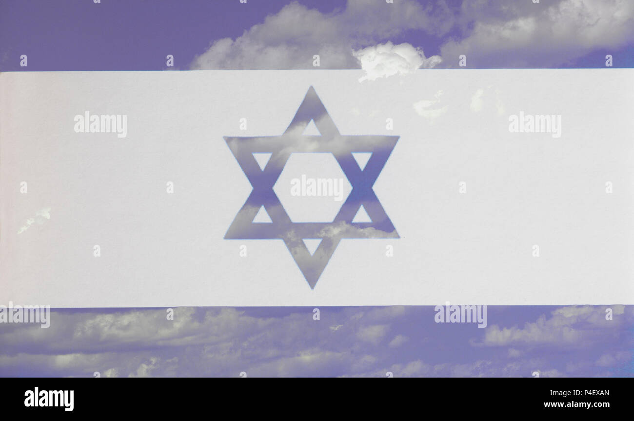 Flag of Israel a background of blue sky and clouds closeup Stock Photo ...