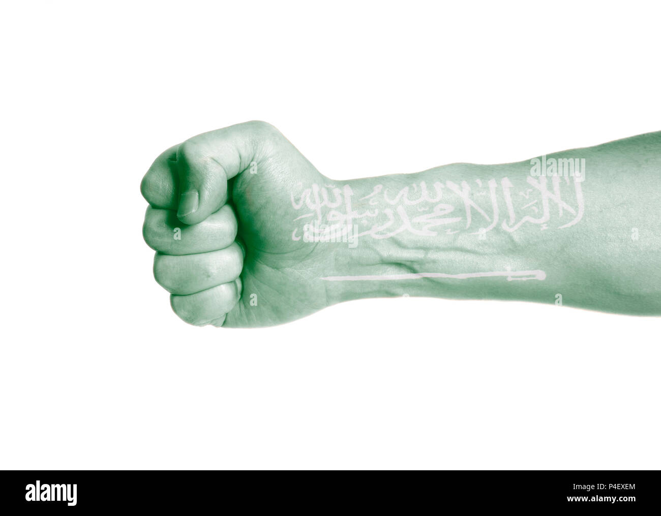 Flag of kingdom of Saudi Arabia painted on male hand with clenched a fist isolated on a white background Stock Photo