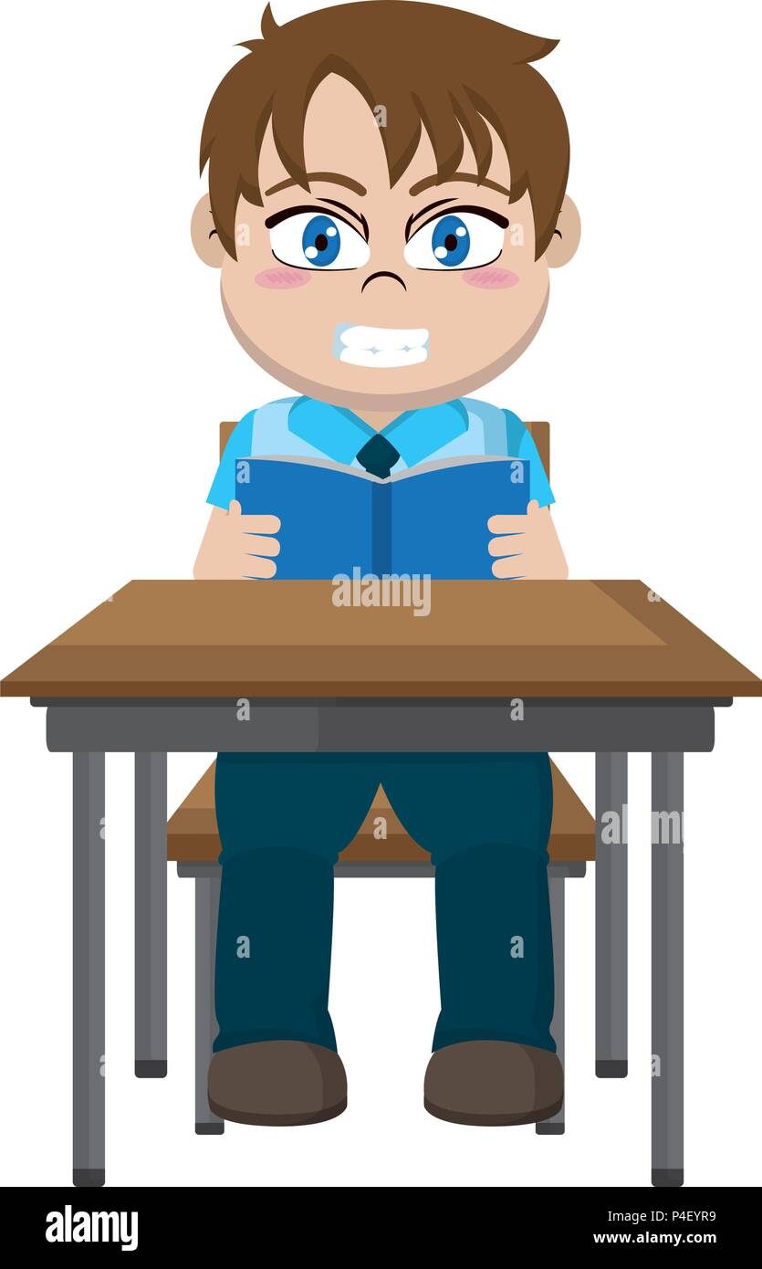 Boy Sitting School Desk And Reading A Book Stock Vector Art