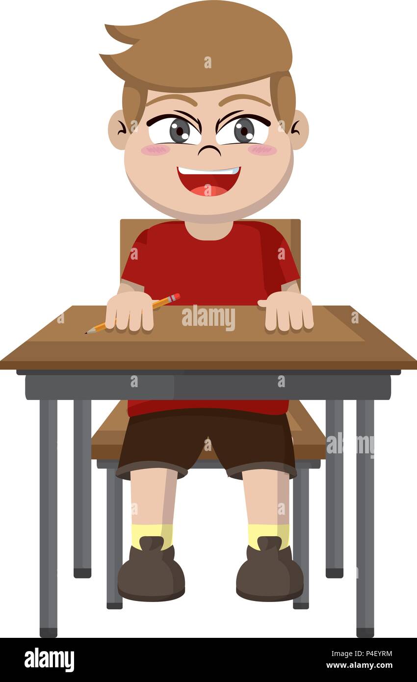 Happy Boy Sitting School Desk Stock Vector Art Illustration