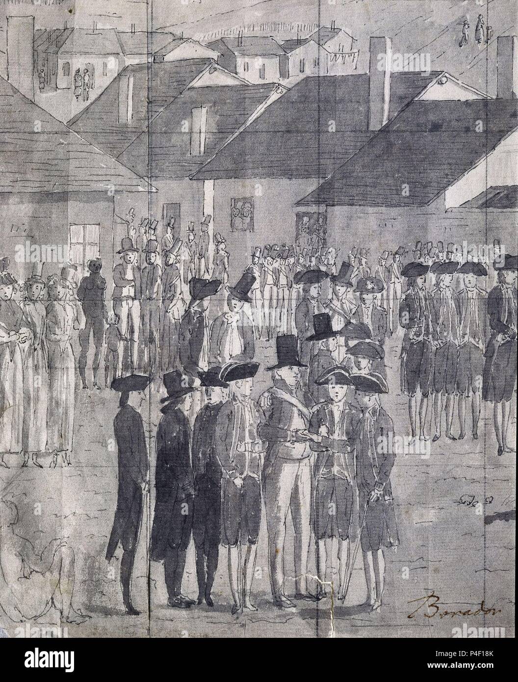 DETALLE DEL BORRADOR DEL RECIBIMIENTO DE LOS OFICIALES EN BAHIA BOTANICA - DIBUJO - SIGLO XVIII - EXPEDICION MALASPINA - PAPEL VERJURADO. Author: Juan Ravenet (1766-1821). Location: MUSEO DE AMERICA-COLECCION, MADRID, SPAIN. Stock Photo