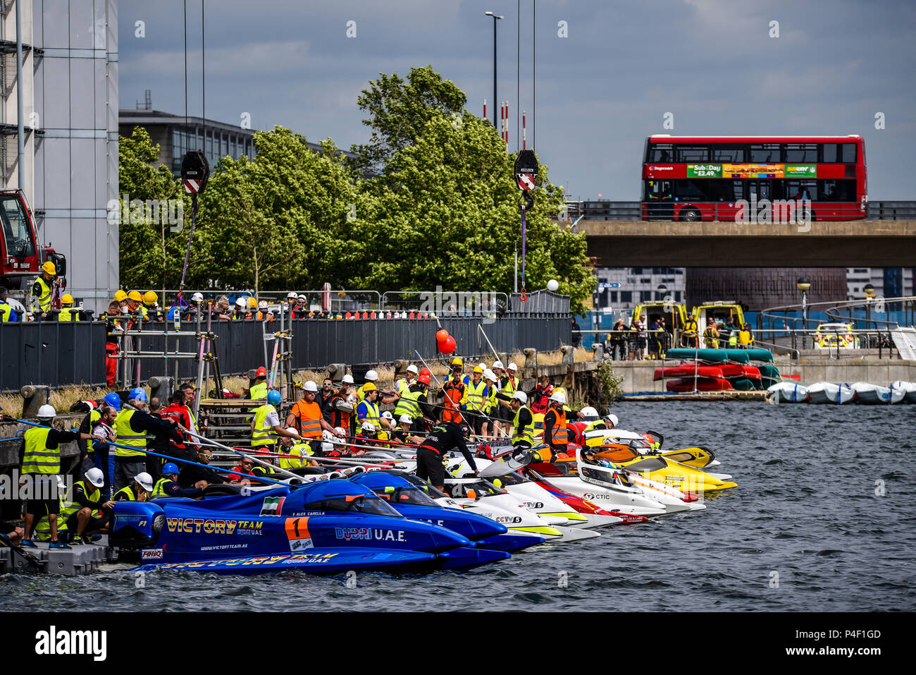 Speedboats at the casting off pontoon for the F1H2O Formula 1 Powerboat Grand Prix of London at Royal Victoria Dock, Docklands, Newham, London, UK Stock Photo