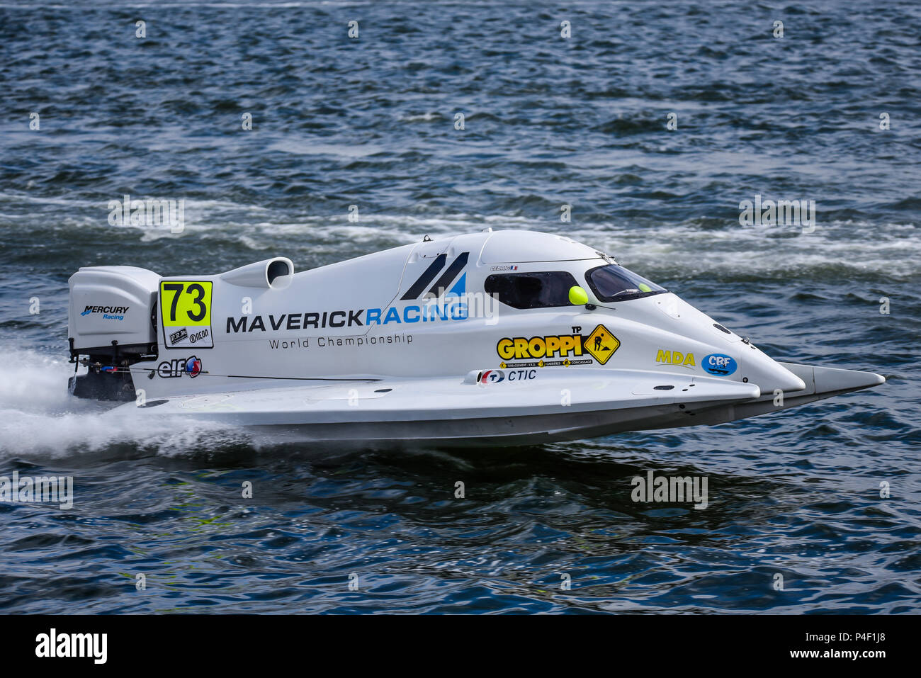 Xavier Autard driving for Maverick racing in the F1H2O F4-S Powerboat Grand Prix of London at Royal Victoria Dock, Docklands, Newham, Stock Photo