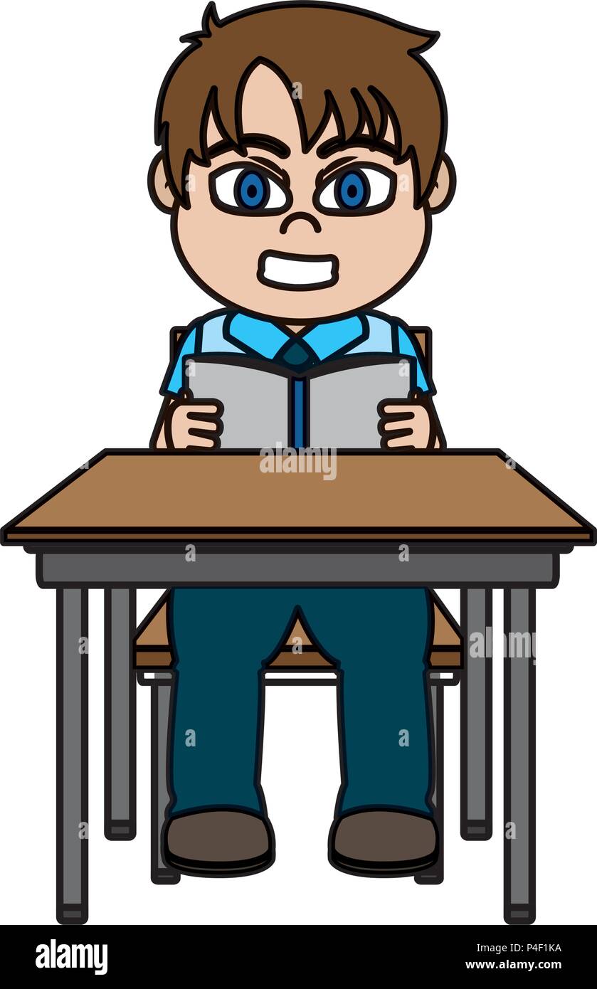 Color Boy Sitting School Desk And Reading A Book Stock Vector Art