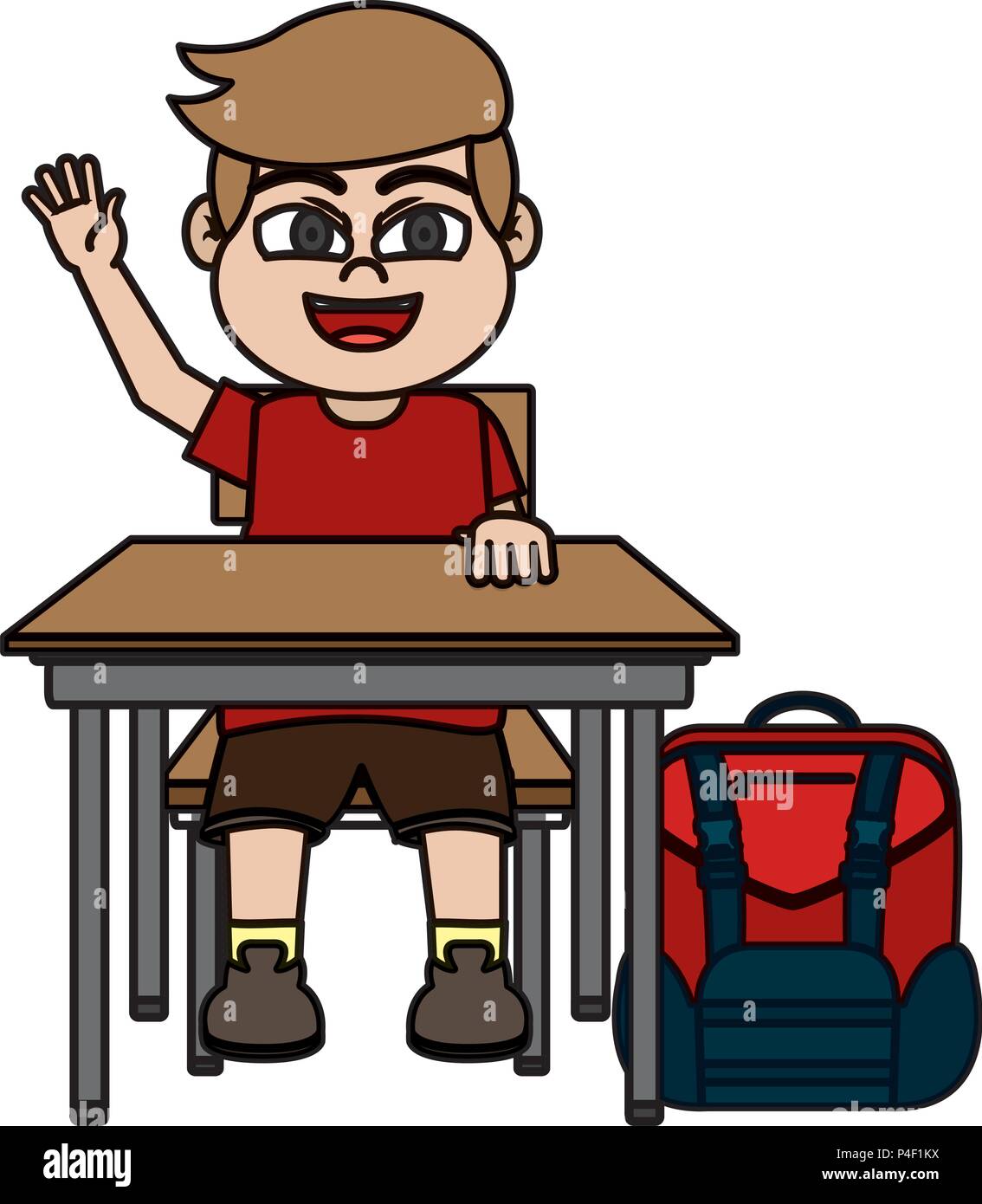 Color Boy Sitting School Desk With Backpack Stock Vector Art