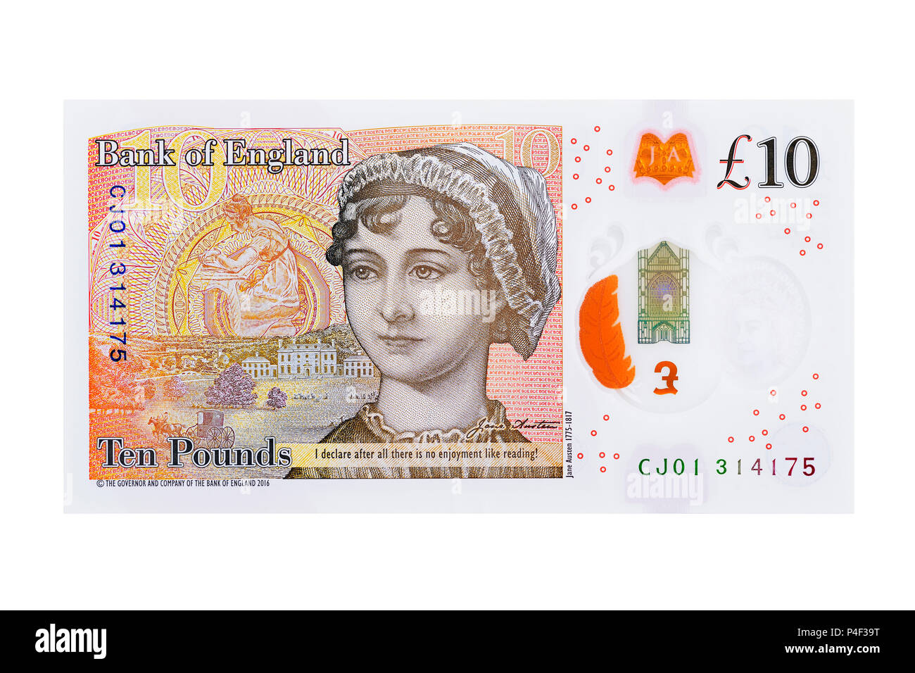 New Ten Pound Note Reverse with Jane Austin, UK, Cut Out Stock Photo