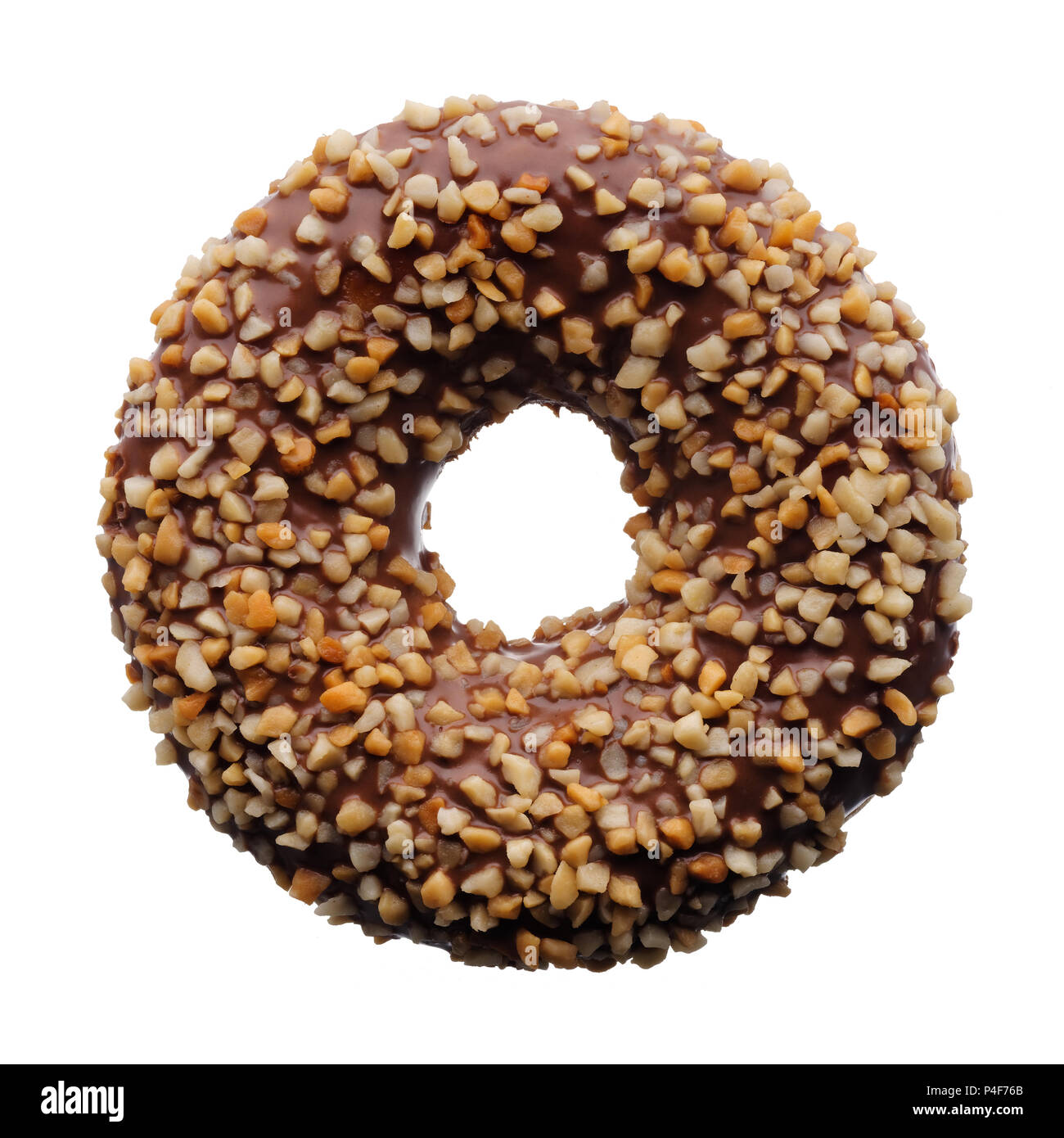 Food: single chocolate and crushed nuts donut, isolated on white background Stock Photo