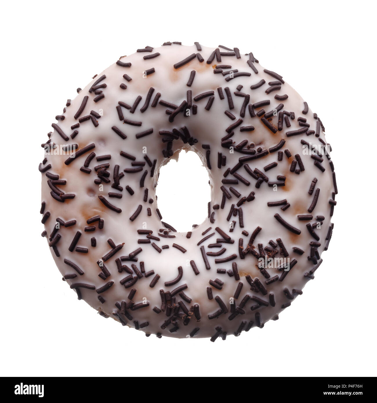 Food: white glaze and chocolate sprinkles donut, isolated on white background Stock Photo