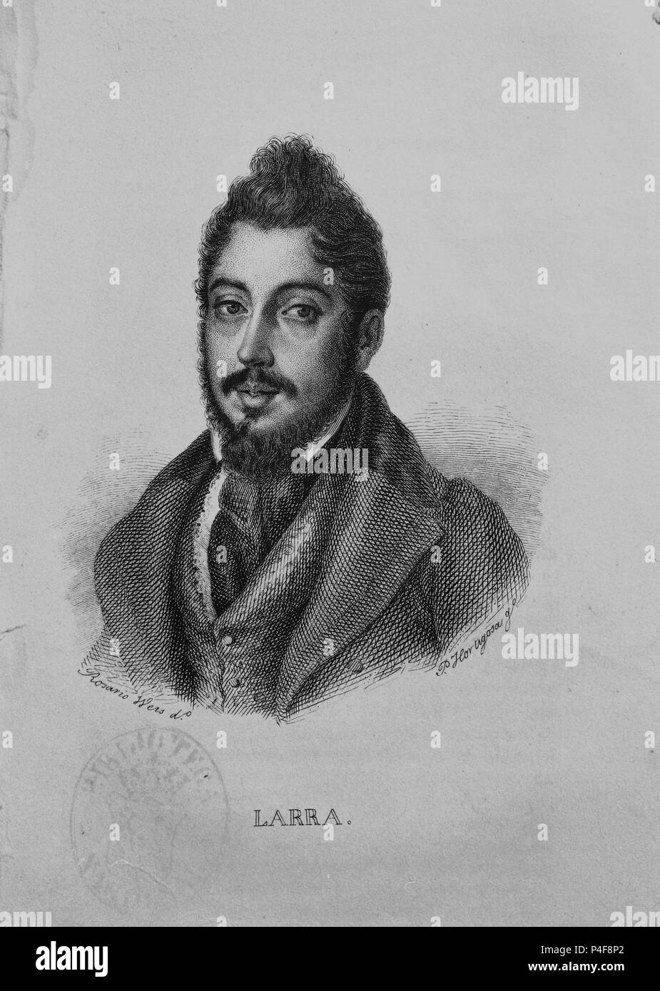 MARIANO JOSE DE LARRA 1807/1837-ESCRITOR ROMANTICO-GRABADO POR HORTIGOSA-S XIX. Author: WEIS ROSARIO. Stock Photo