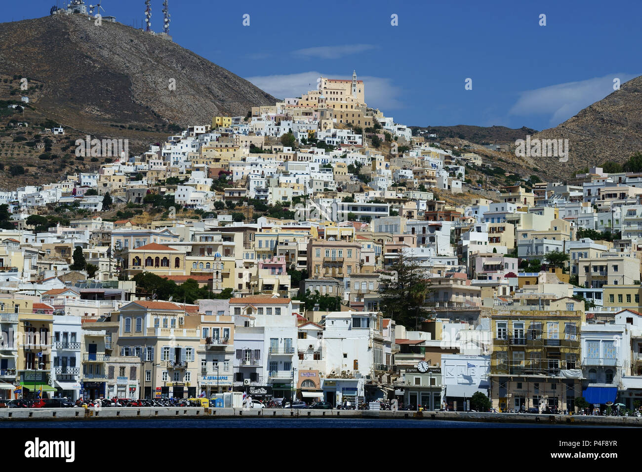 Town Ermoupolis with caholic church on top, island Syros, Cyclades, Greece Stock Photo